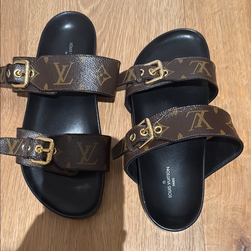 Louis Vuitton Black and Brown Monogram Slides